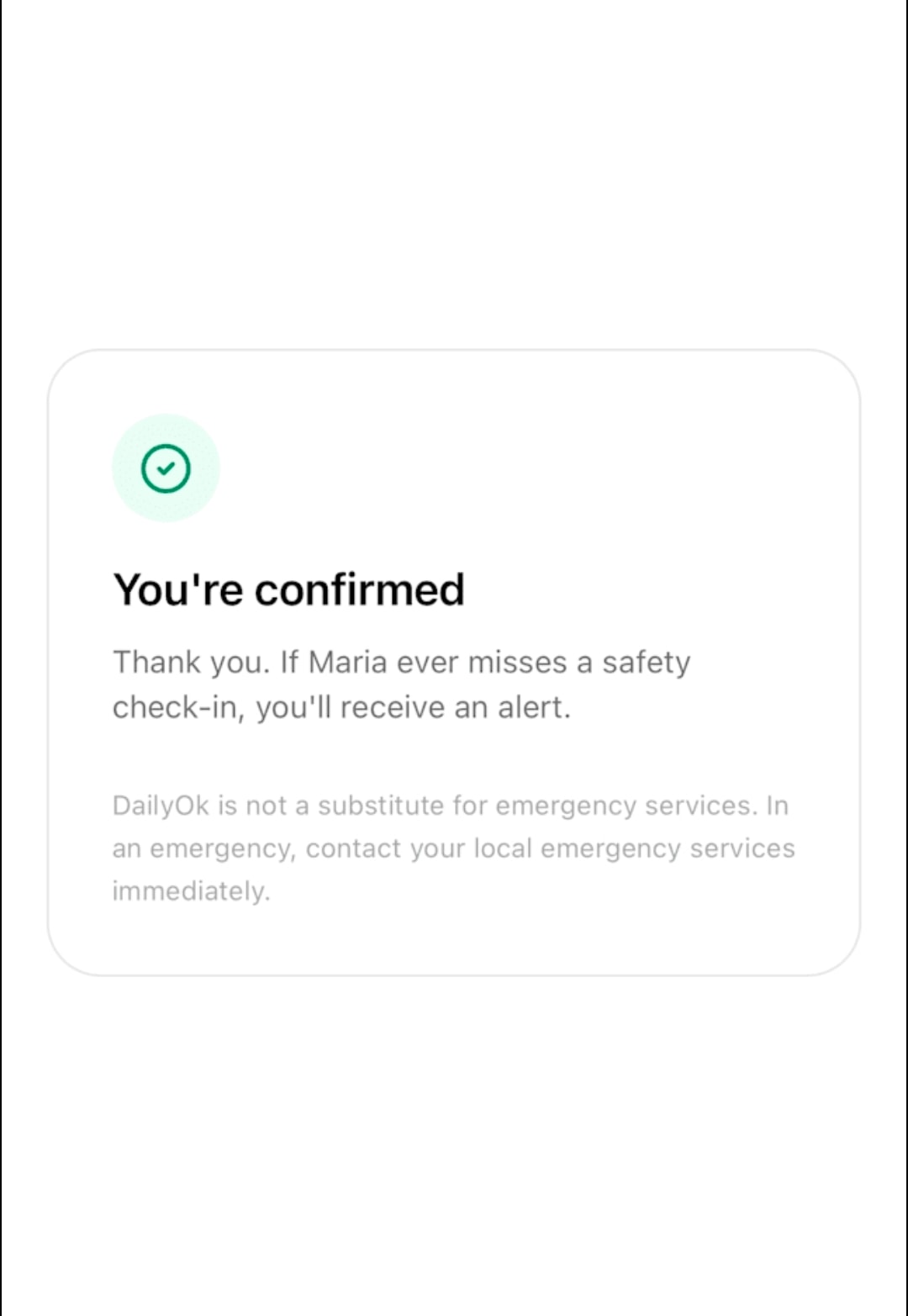 Confirmation success screen after tapping Confirm